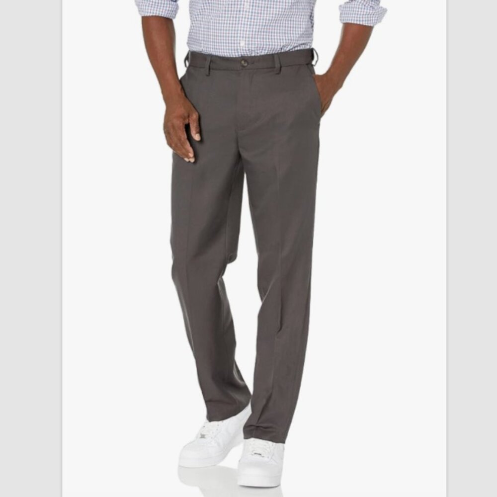 AMAZON ESSENTIALS Men's Classic-Fit Flat-Front Pants Sz 38x32 - Dark Grey NWOT